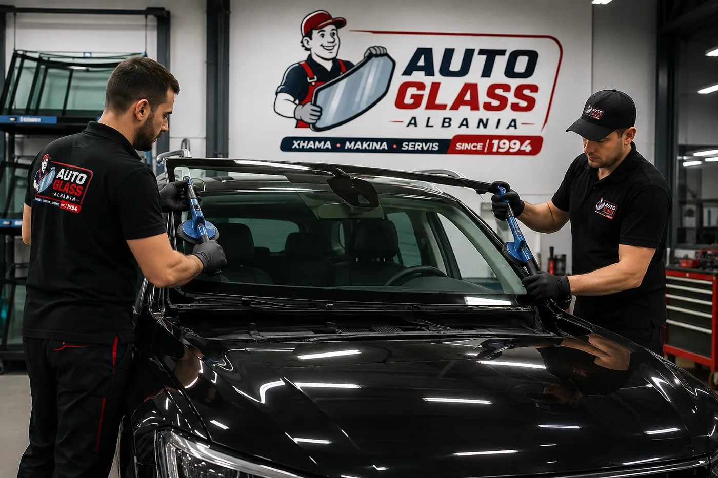 Dy teknikë të Auto Glass Albania duke montuar parbrizin e një makine në oficinën në Vaqarr, Tiranë