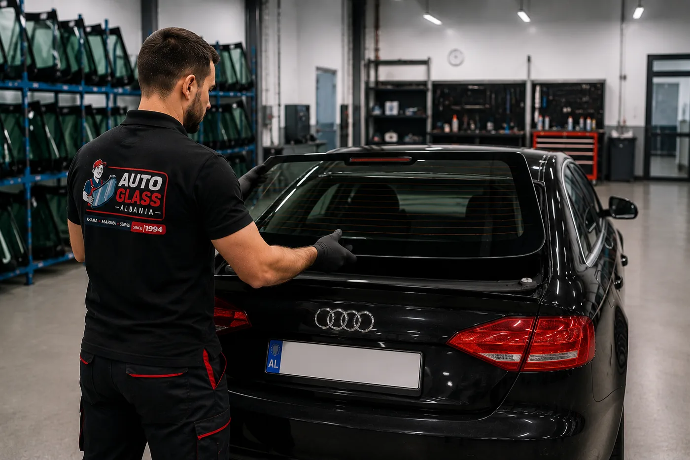 Zëvendësim i xhamit të pasmë të një makine në oficinën e Auto Glass Albania, Tiranë