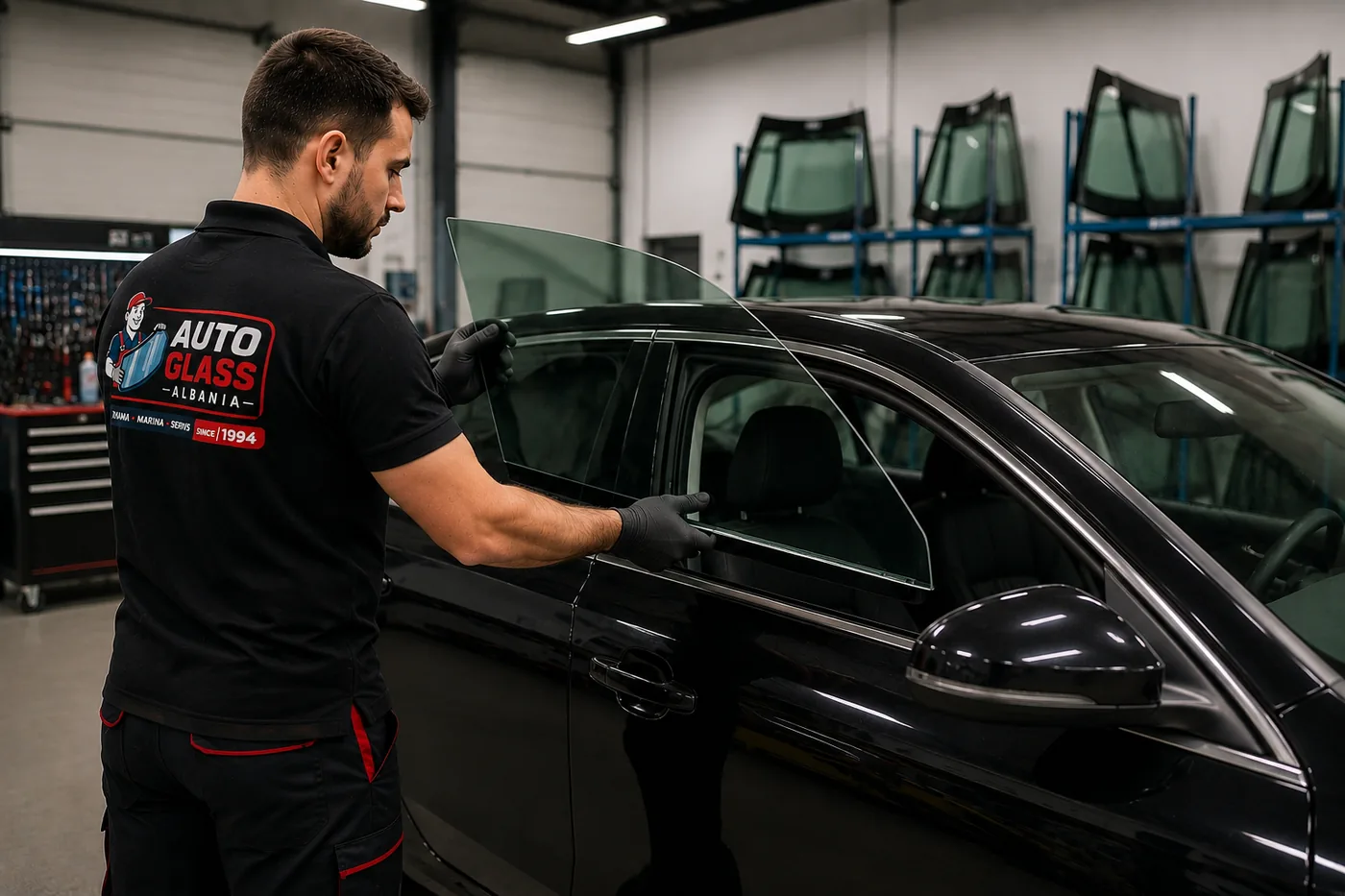 Teknik i Auto Glass Albania duke zëvendësuar xhamin anësor të një makine në Tiranë