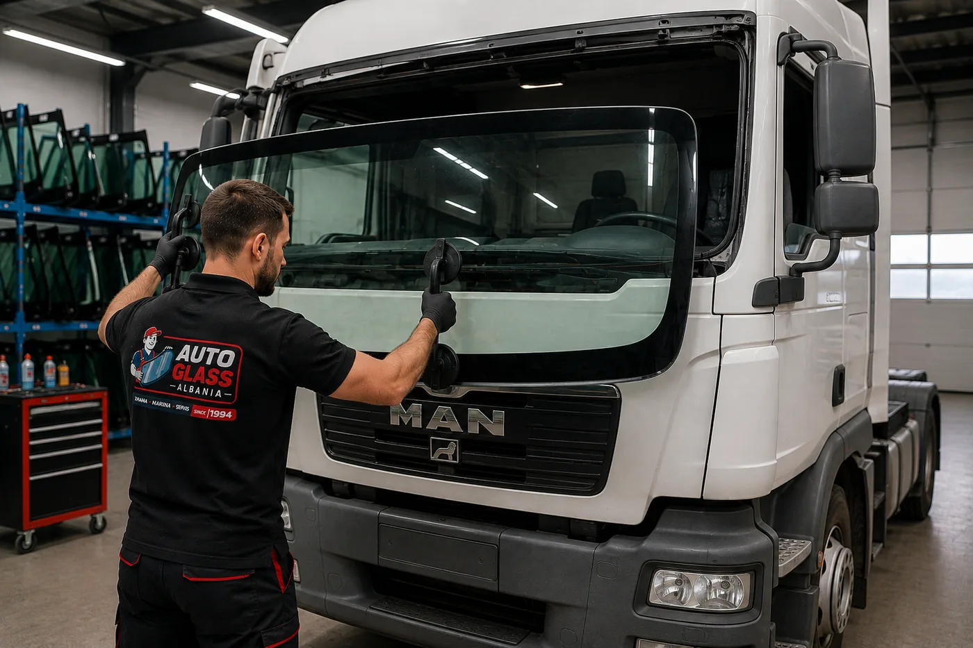 Teknik i Auto Glass Albania duke punuar me xhamin e një kamioni MAN